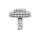Platinum Emerald Cut Diamond Milgrain Halo Engagement Ring with Round Pavé Band and Prong Setting_17