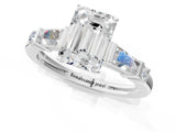 Platinum Emerald Cut Diamond Ring with Baguette Side Stones, Channel Set Band, and Four-Prong Setting_26