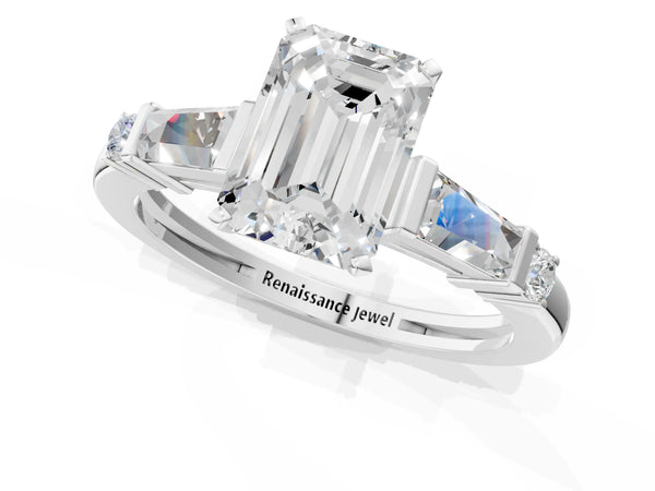Platinum Emerald Cut Three Stone Engagement Ring Setting with Bar Set Tapered Baguettes