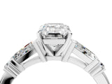 Platinum Emerald Cut Diamond Ring with Baguette Side Stones, Channel Set Band, and Four-Prong Setting_29