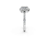 Platinum Emerald Cut Diamond Scalloped Halo Engagement Ring with Round Shared Prong Band_14