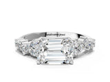 Platinum Emerald Cut Diamond Scattered Round Accent Ring with Prong Setting_6