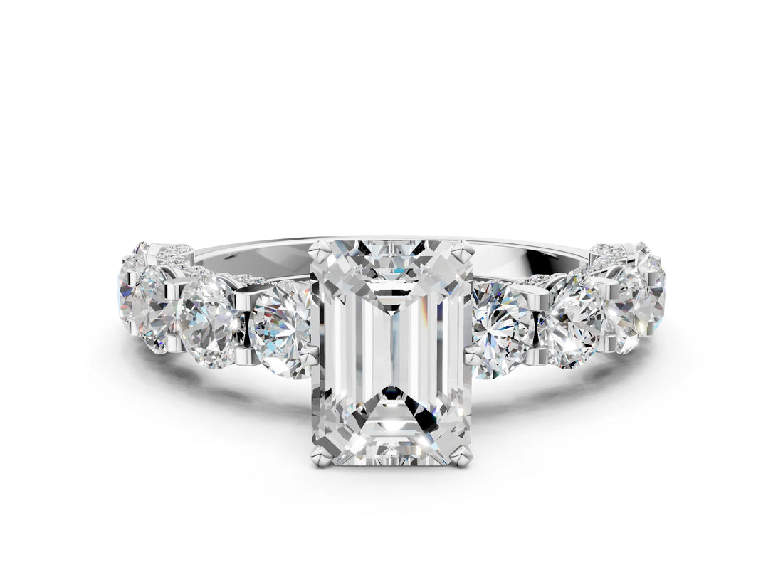 Platinum Emerald Cut Diamond Side Stone Engagement Ring with Four-Prong Setting_12