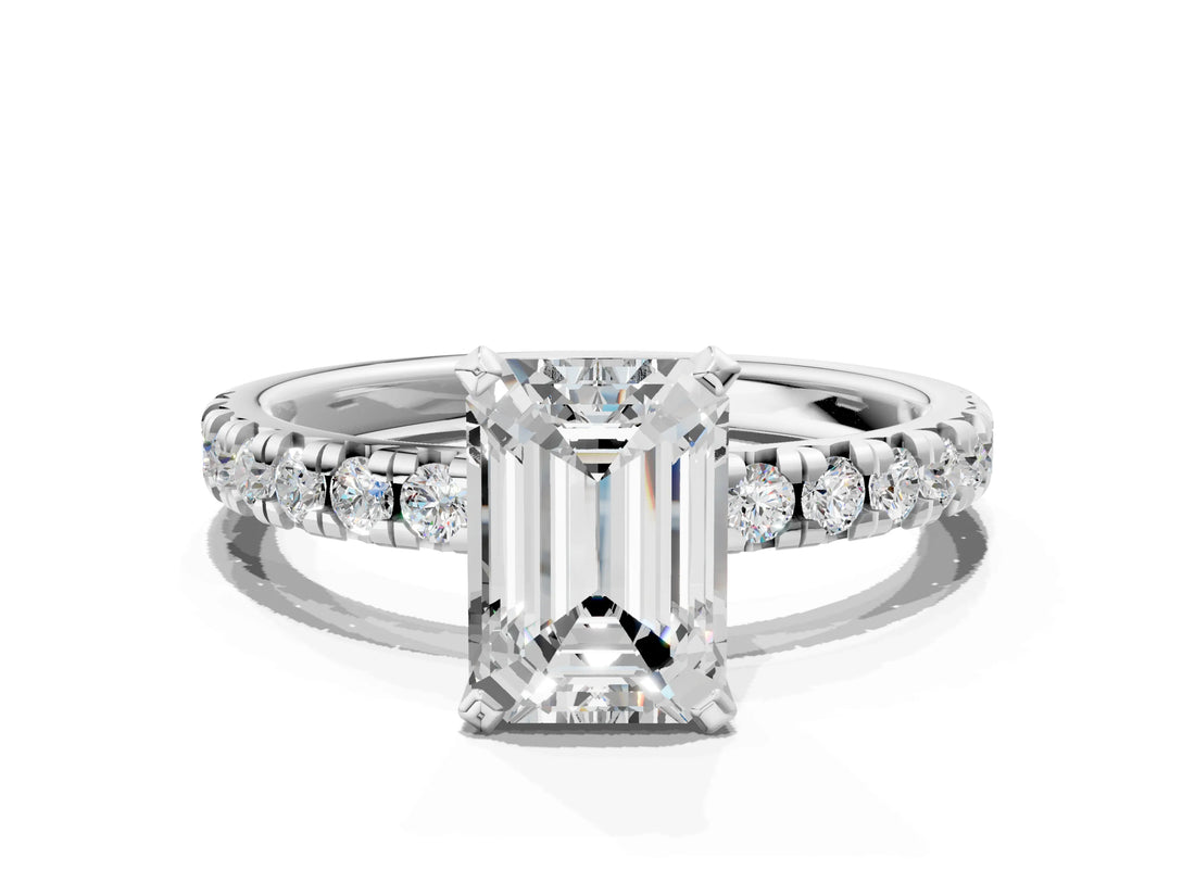 Platinum Emerald Cut Diamond Solitaire Pavé Engagement Ring with Round Band and Prong Setting_1