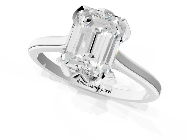 Platinum Emerald Cut Floral Solitaire Engagement Ring Setting with Flower Head and Plain Band