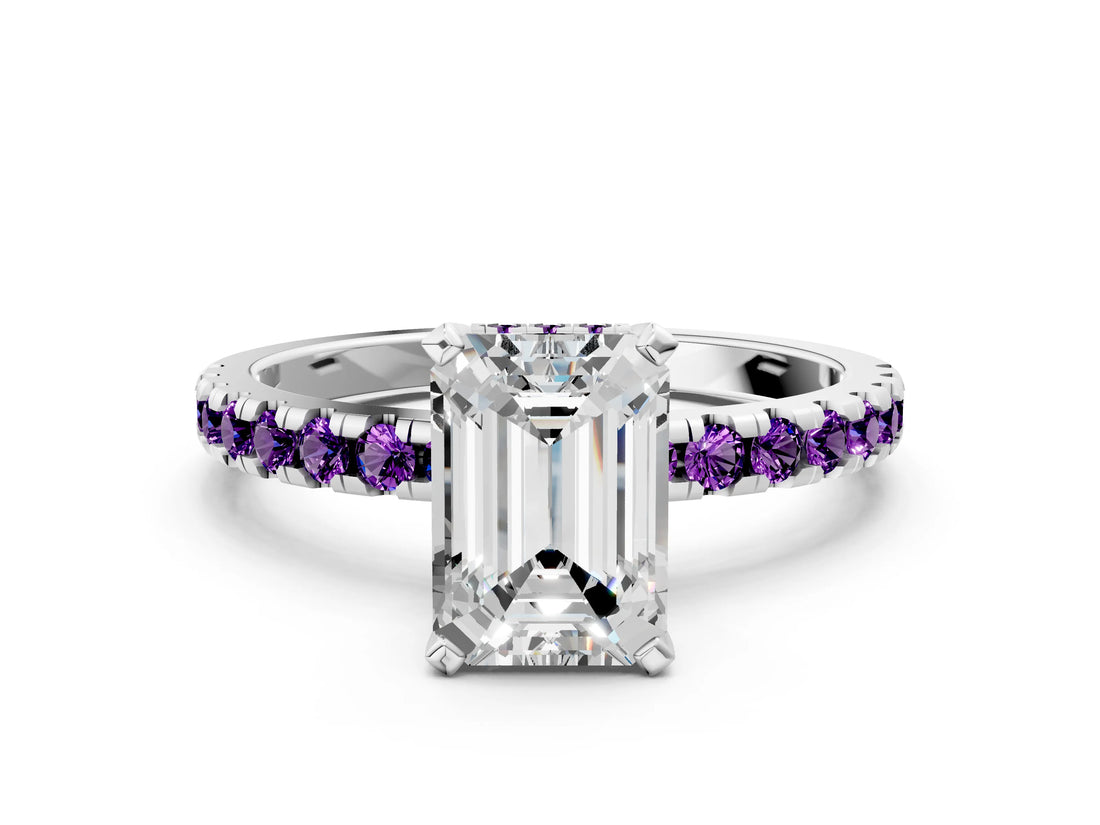 Platinum Emerald Cut Diamond Solitaire Ring with Round with Amethyst side stone Pavé Band and Four-Prong Setting_12