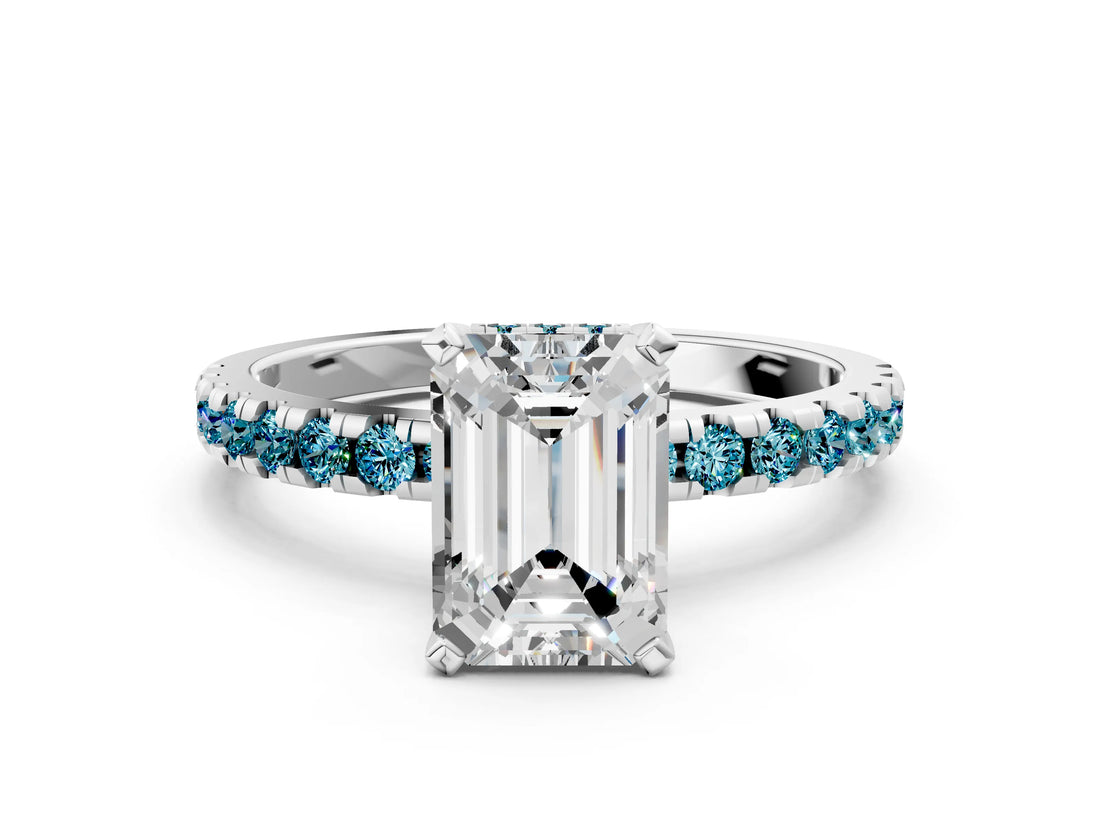 Platinum Emerald Cut Diamond Solitaire Ring with Round with Blue Topaz side stone Pavé Band and Four-Prong Setting_12