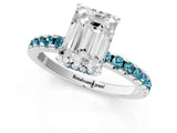 Platinum Emerald Cut Diamond Solitaire Ring with Round with Blue Topaz side stone Pavé Band and Four-Prong Setting_13