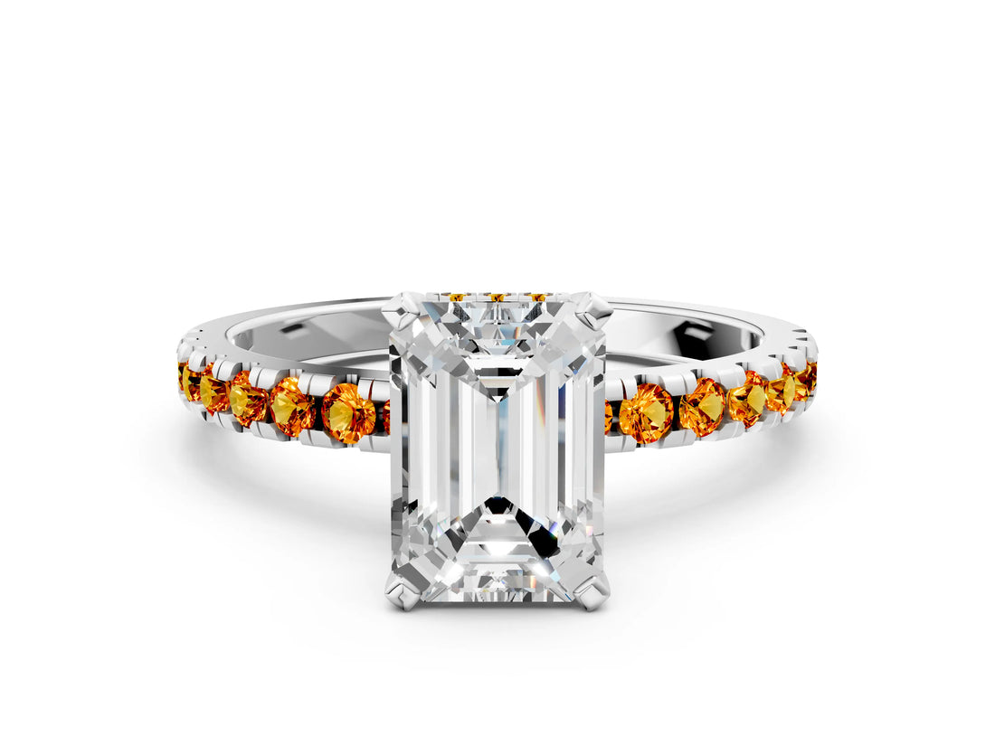 Platinum Emerald Cut Diamond Solitaire Ring with Round with Citrine side stone Pavé Band and Four-Prong Setting_12