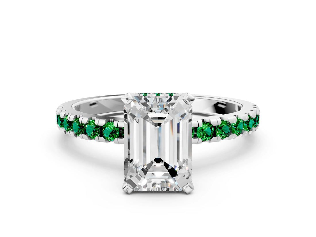Platinum Emerald Cut Diamond Solitaire Ring with Round with Emerald side stone Pavé Band and Four-Prong Setting_12