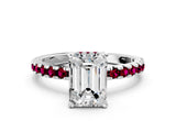 Platinum Emerald Cut Diamond Solitaire Ring with Round with Garnet side stone Pavé Band and Four-Prong Setting_12