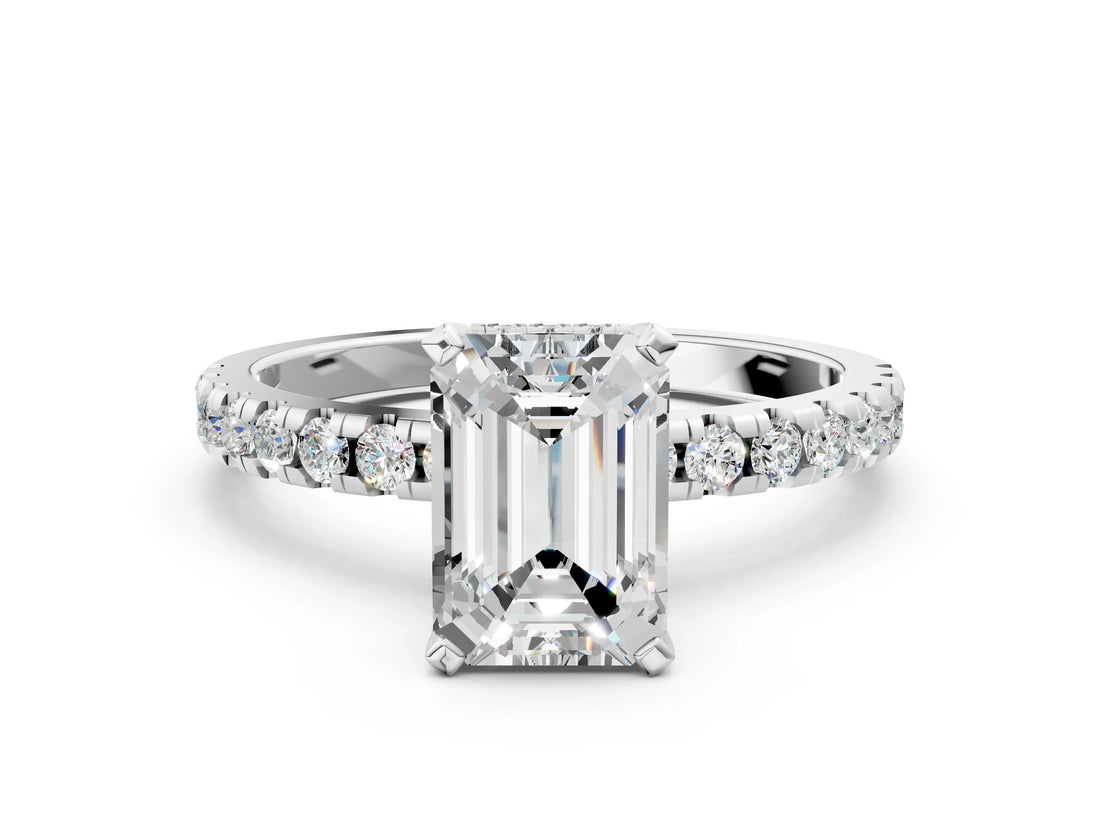 Platinum Emerald Cut Diamond Solitaire Ring with Round with Moissanite side stone Pavé Band and Four-Prong Setting_12
