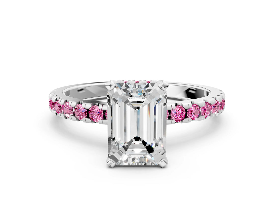 Platinum Emerald Cut Diamond Solitaire Ring with Round with Pink Sapphire side stone Pavé Band and Four-Prong Setting_12
