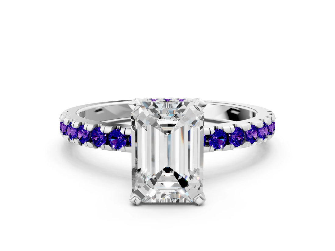Platinum Emerald Cut Diamond Solitaire Ring with Round with Tanzanite side stone Pavé Band and Four-Prong Setting_12