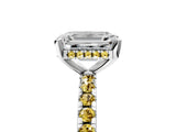 Platinum Emerald Cut Diamond Solitaire Ring with Round with Yellow Sapphire side stone Pavé Band and Four-Prong Setting_17