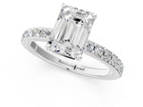 Platinum Emerald Cut Diamond Solitaire with Pave Band and Four-Prong Setting 3