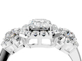 Platinum Emerald Cut Diamond Three-Stone Halo Ring with Prong Setting and Pavé Accents_17