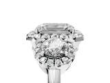 Platinum Emerald Cut Diamond Three-Stone Halo Ring with Prong Setting and Pavé Accents_18