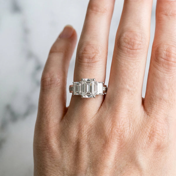 Sterling Silver Emerald Cut Three Stone Pave Engagement Ring Setting with Near-Equal Side Stones