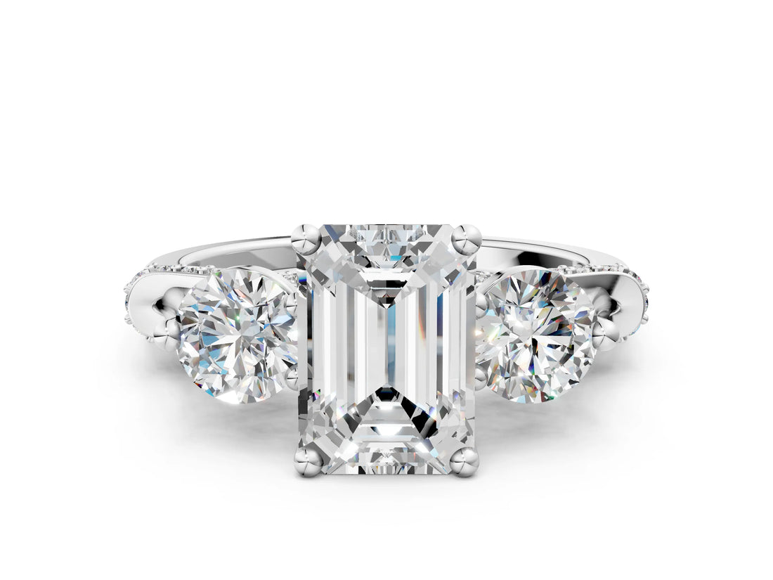 Platinum Emerald Cut Diamond Three-Stone Ring with Prong Setting and Pavé Band_7