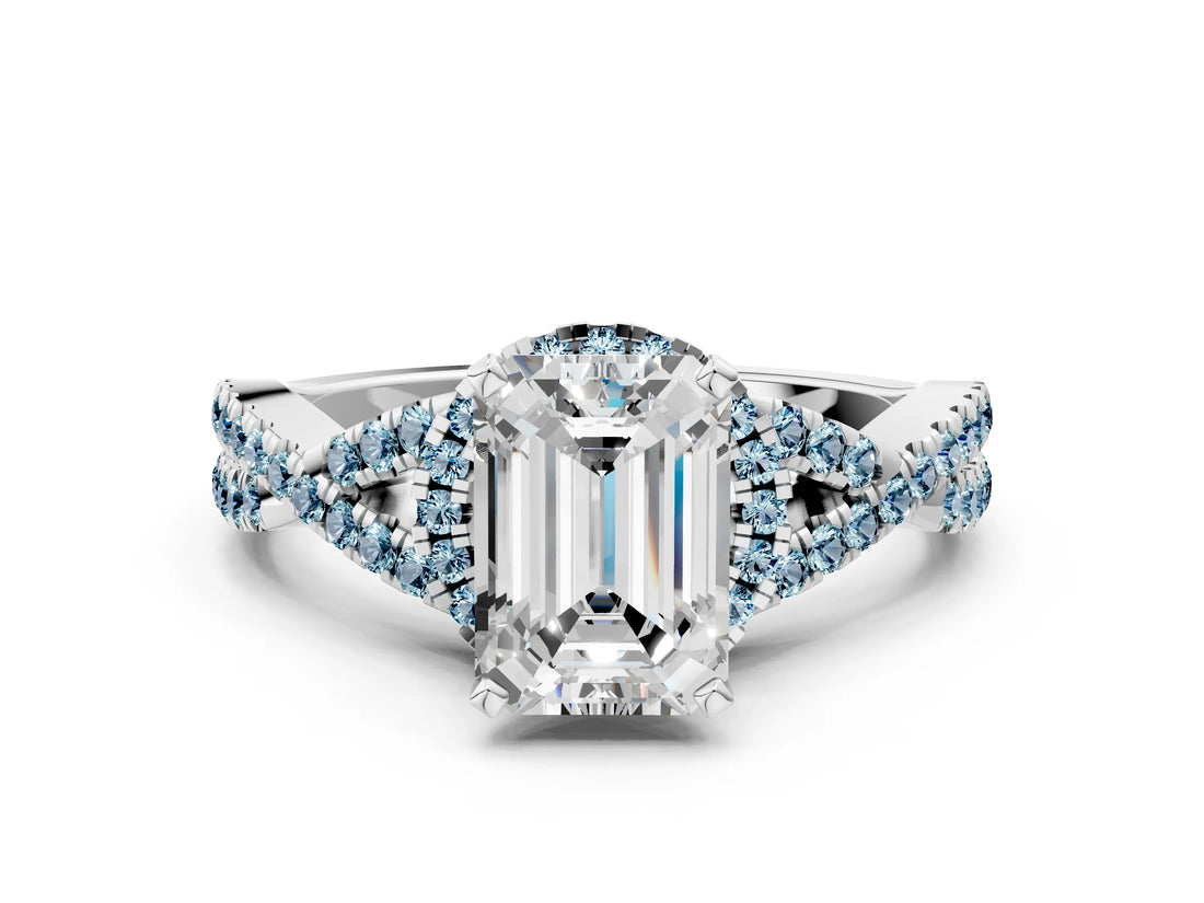 Platinum Emerald Cut Diamond with Aquamarine side stone Halo Twist Band Solitaire Prong Setting Ring