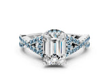 Platinum Emerald Cut Diamond with Aquamarine side stone Halo Twist Band Solitaire Prong Setting Ring