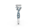 Platinum Emerald Cut Diamond with Aquamarine side stone Halo Twist Band Solitaire Prong Setting Ring_2