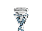 Platinum Emerald Cut Diamond with Aquamarine side stone Halo Twist Band Solitaire Prong Setting Ring_5