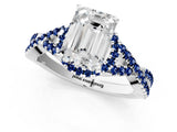 Platinum Emerald Cut Diamond with Blue Sapphire side stone Halo Twist Band Solitaire Prong Setting Ring_1