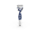 Platinum Emerald Cut Diamond with Blue Sapphire side stone Halo Twist Band Solitaire Prong Setting Ring_2