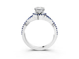 Platinum Emerald Cut Diamond with Blue Sapphire side stone Halo Twist Band Solitaire Prong Setting Ring_3