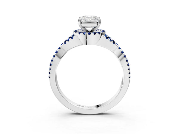 Platinum Emerald Cut Diamond with Blue Sapphire side stone Halo Twist Band Solitaire Prong Setting Ring