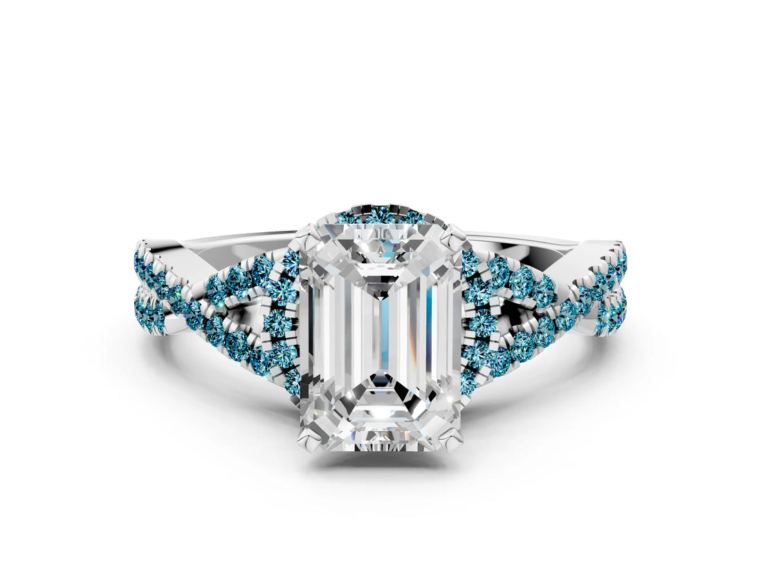 Platinum Emerald Cut Diamond with Blue Topaz side stone Halo Twist Band Solitaire Prong Setting Ring