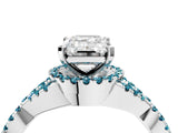 Platinum Emerald Cut Diamond with Blue Topaz side stone Halo Twist Band Solitaire Prong Setting Ring_4