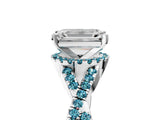 Platinum Emerald Cut Diamond with Blue Topaz side stone Halo Twist Band Solitaire Prong Setting Ring_5