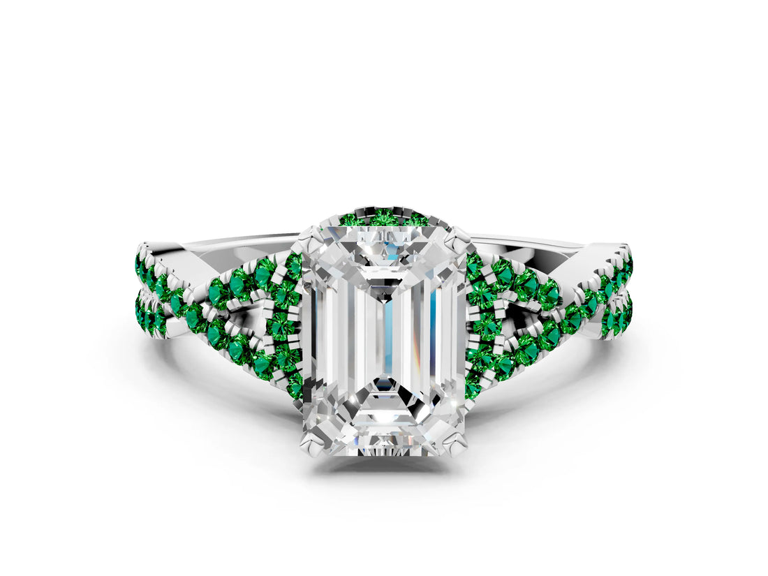 Platinum Emerald Cut Diamond with Emerald side stone Halo Twist Band Solitaire Prong Setting Ring