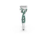 Platinum Emerald Cut Diamond with Green Sapphire side stone Halo Twist Band Solitaire Prong Setting Ring_2