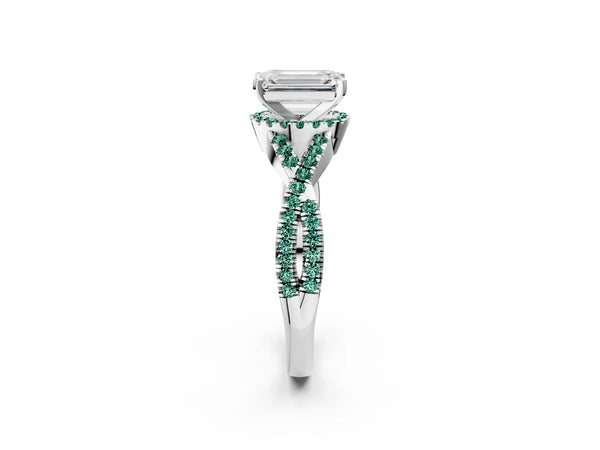 Platinum Emerald Cut Diamond with Green Sapphire side stone Halo Twist Band Solitaire Prong Setting Ring