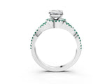 Platinum Emerald Cut Diamond with Green Sapphire side stone Halo Twist Band Solitaire Prong Setting Ring_3