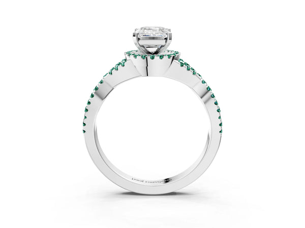 Platinum Emerald Cut Diamond with Green Sapphire side stone Halo Twist Band Solitaire Prong Setting Ring