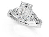 Platinum Emerald Cut Diamond with Moissanite side stone Halo Twist Band Solitaire Prong Setting Ring_1