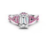 Platinum Emerald Cut Diamond with Pink Sapphire side stone Halo Twist Band Solitaire Prong Setting Ring