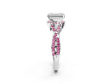 Platinum Emerald Cut Diamond with Pink Sapphire side stone Halo Twist Band Solitaire Prong Setting Ring_2