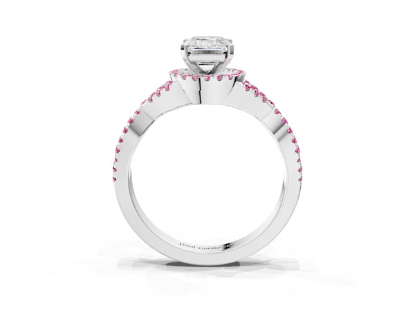 Platinum Emerald Cut Diamond with Pink Sapphire side stone Halo Twist Band Solitaire Prong Setting Ring