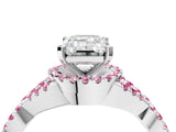 Platinum Emerald Cut Diamond with Pink Sapphire side stone Halo Twist Band Solitaire Prong Setting Ring_4