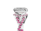 Platinum Emerald Cut Diamond with Pink Sapphire side stone Halo Twist Band Solitaire Prong Setting Ring_5