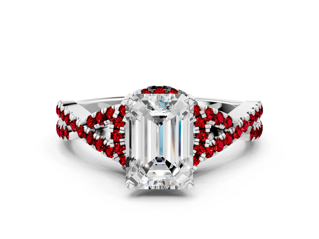 Platinum Emerald Cut Diamond with Ruby side stone Halo Twist Band Solitaire Prong Setting Ring