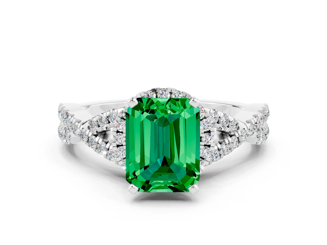 Platinum Emerald Cut Emerald  Halo Twist Band Solitaire Prong Setting Ring_18