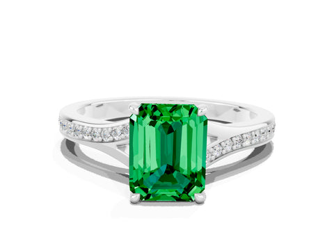 Platinum Emerald Cut Emerald Solitaire Ring with Pavé Band and Prong Setting_12