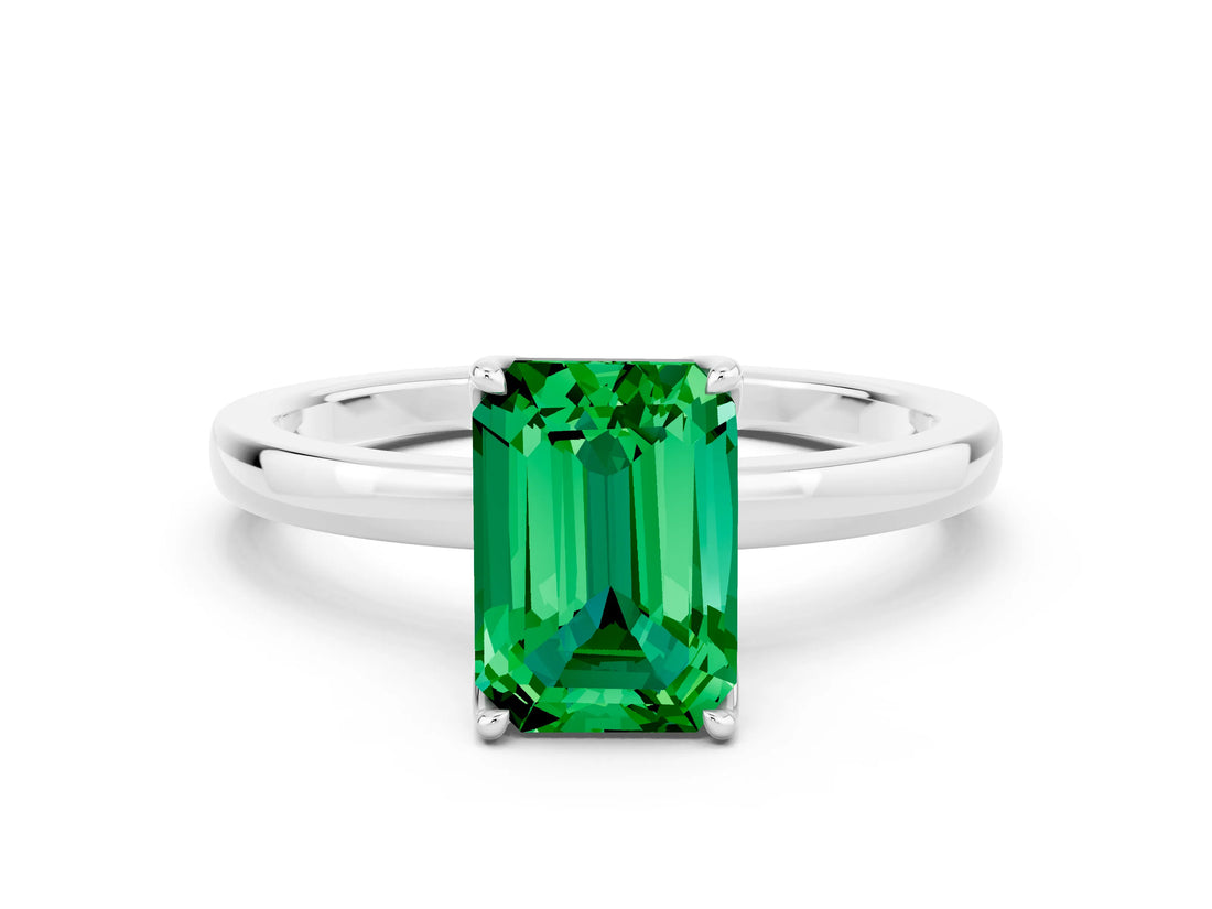 Platinum Emerald Cut Emerald Solitaire Ring with Thin Band and Prong Setting_60